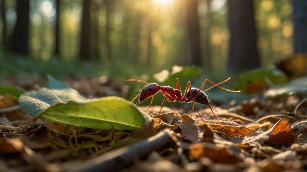 Ant exploring the forest floor amidst fallen leaves, with sunlight filtering through trees in the background photo