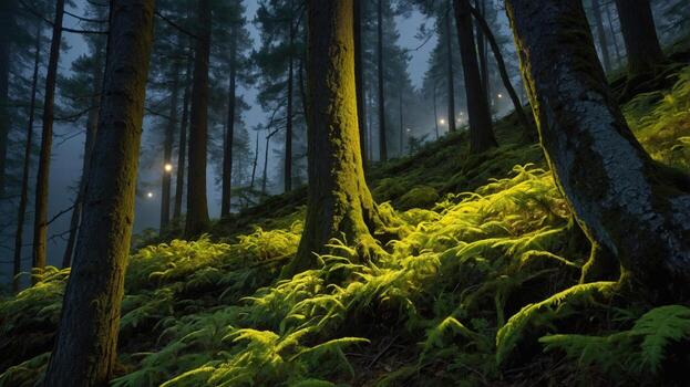 Enchanted forest at dusk with glowing ferns and soft mist, creating a serene and magical atmosphere photo