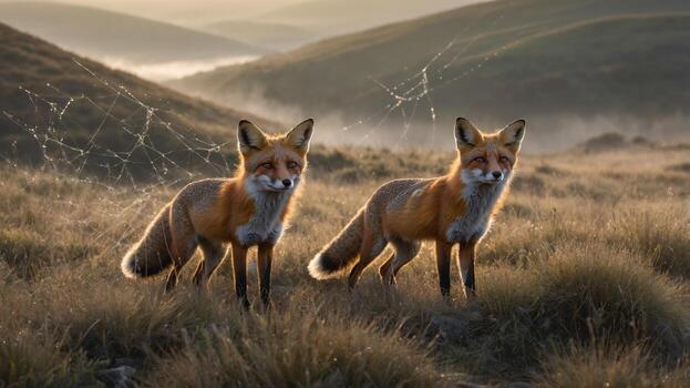 Two foxes stand in the grass with a spider web in the background photo