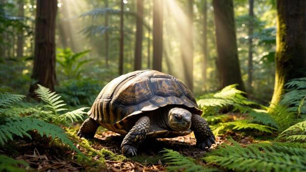A tortoise slowly moving through a sunlit forest, surrounded by ferns and tall trees, creating a serene atmosphere photo