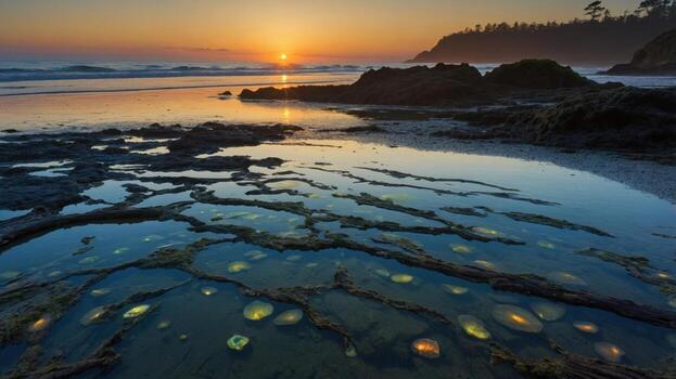 Serene sunset over a rocky beach with jellyfish illuminated in tidal pools and gentle waves lapping photo