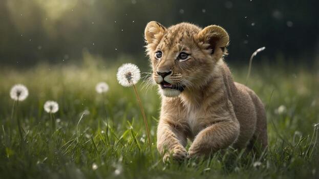 Playful lion cub running through a field of dandelions, with sunlight filtering through trees photo