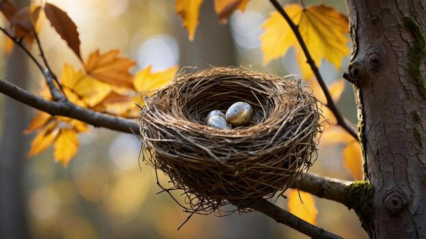Nest with eggs resting on a tree branch surrounded by autumn leaves in a serene forest setting photo