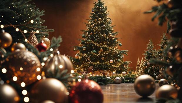 Christmas trees decorated with golden and red balls and string lights creating a festive atmosphere photo