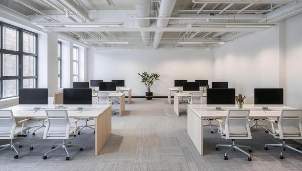 Modern Office Workspace with Multiple Computer Desks Layout photo