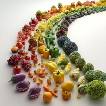 vibrante formación de Fresco vegetales y frutas desplegado en circular modelo para sano estilo de vida y vistoso dieta foto