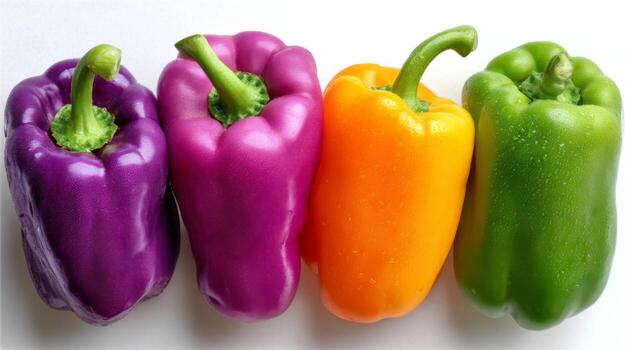 Vibrant Colorful Bell Peppers Displayed in a Row Against a Plain Background for Culinary and Health Themes photo