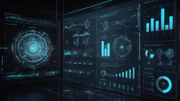 Futuristic Data Visualization Interface with Graphs and Charts for Technological Analysis and Insights in Dark Environment photo