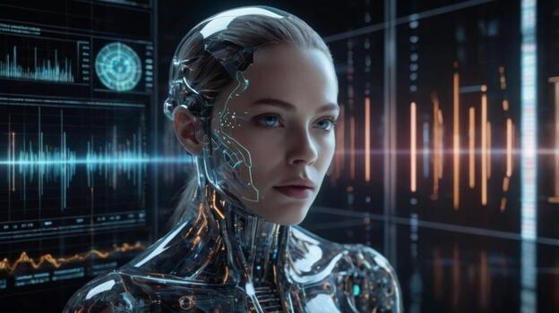 Futuristic Female Android with High-Tech Design and Data Visualization Background in a Sci-Fi Environment photo
