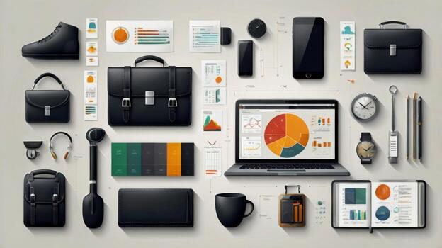 Professional workspace layout with charts, gadgets, bags, and office supplies on a neutral background for business and productivity photo