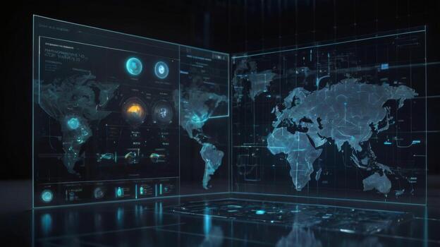Futuristic Digital World Map with Data Visualization and Interactive Interface for Technology and Business Applications photo