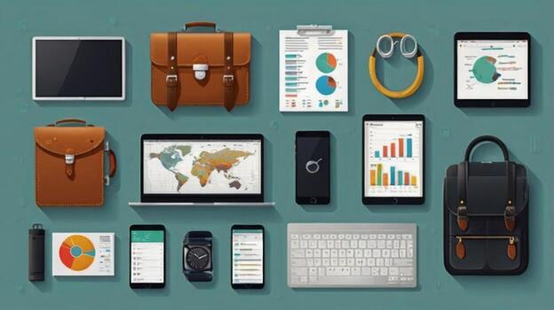Modern workspace layout featuring various gadgets, bags, and data visualizations on a green backdrop for professional use photo