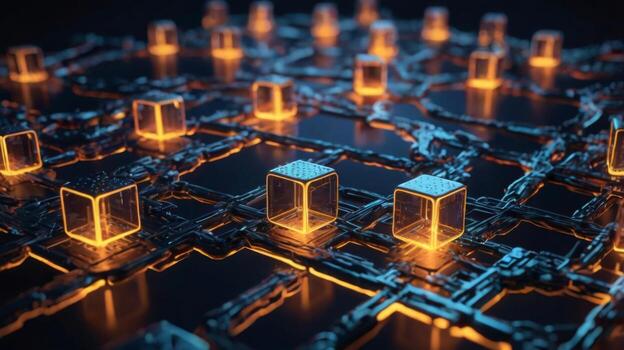 Futuristic Digital Network with Glowing Cubes and Circuit Patterns Illuminating the Dark Surface in a High-Tech Environment photo