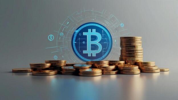 Digital cryptocurrency symbol with Bitcoin logo and stacks of coins on a sleek surface reflecting modern finance and technology trends photo