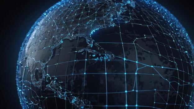 Digital Globe with Network Connections and Line Grids Illustrating Global Connectivity and Technology Innovations photo
