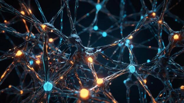 Intricate Neuron Network with Bright Blue and Orange Nodes Connecting in a Abstract Biological Landscape photo