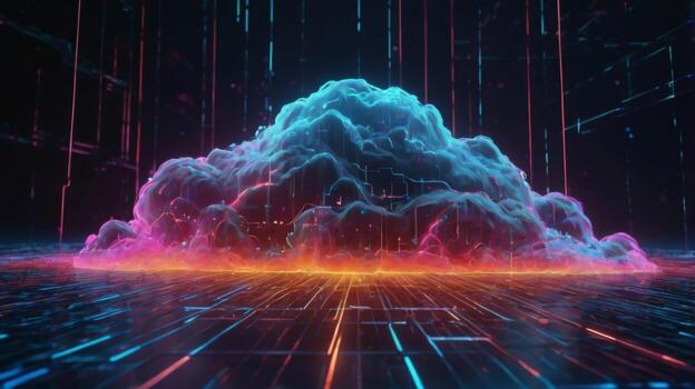 Futuristic Digital Cloud Surrounded by Neon Lights and Data Streams in a High-Tech Environment photo