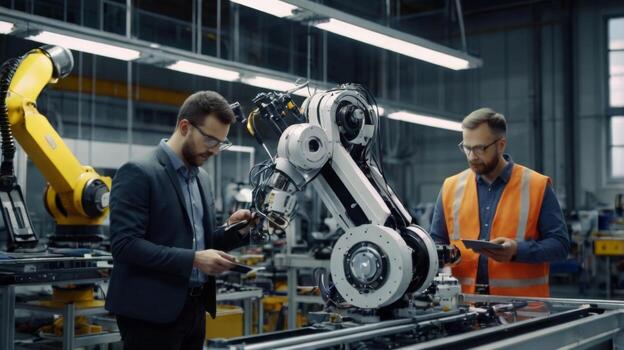 Engineers Collaborate with Advanced Robotic Arm in Modern Factory Setting for Automation and Technology Advancement photo