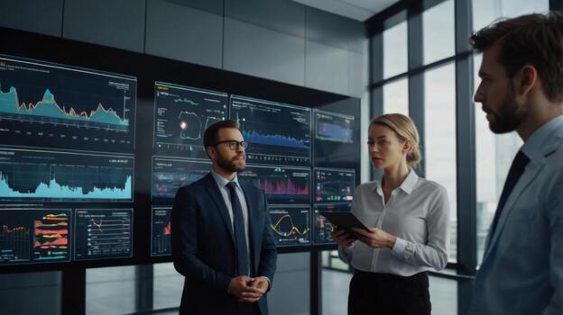 Business Team Discussing Data Insights in Modern Office with Graphs and Charts on Screens photo