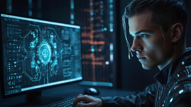 Young man working intently on futuristic computer with digital interface in dark technology environment photo