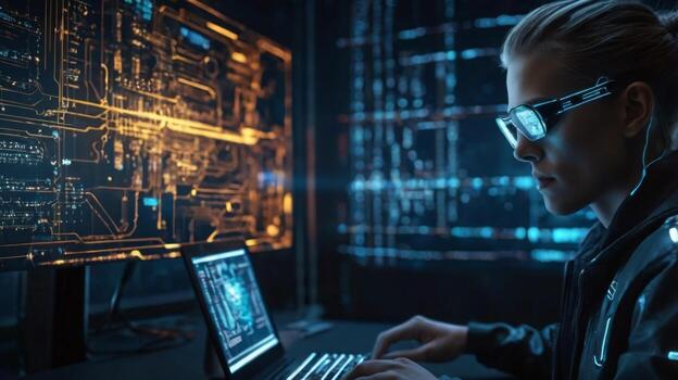 joven profesional utilizando tecnología en un oscuro habitación a analizar datos con avanzado computadora pantallas y futurista monitor foto