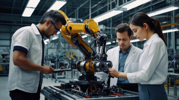 Engineers Collaborate on Advanced Robotic Arm Technology in High-Tech Manufacturing Facility photo