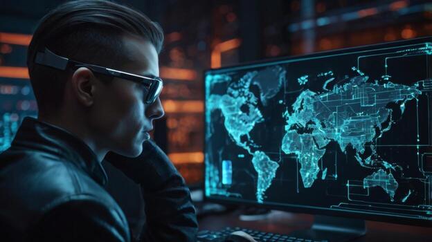 futurista masculino analista trabajando en computadora con global mapa monitor y ciber elementos en un alta tecnología ambiente foto