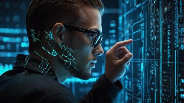 joven hombre analizando digital datos en un futurista interfaz con brillante circuitería patrones y tecnología antecedentes foto