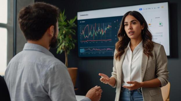 Business presentation with a confident woman engaging in a discussion about data analytics and market trends in an office setting photo