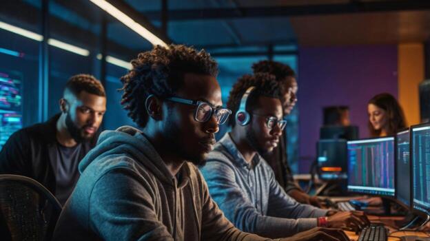 diverso equipo de programadores colaborando en moderno oficina ambiente con múltiple computadora pantallas y vistoso Encendiendo foto