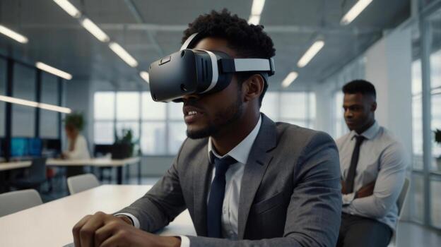 Professional man using virtual reality headset in modern office environment with colleagues in background for technology concept photo