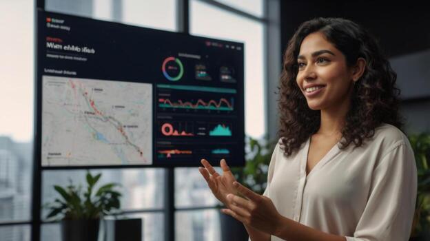 Professional Woman Engaging with Data Dashboard in Modern Office Environment with City View Behind Her photo