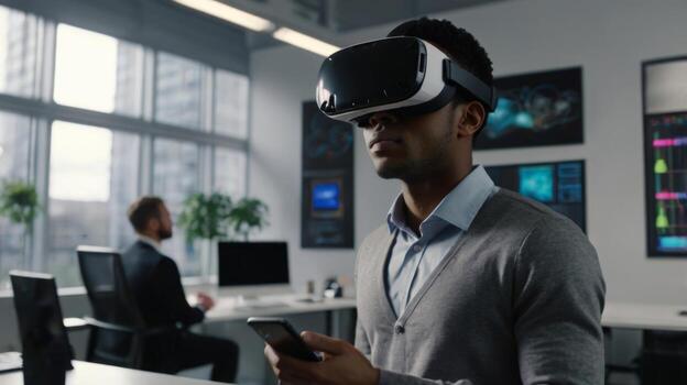 moderno hombre utilizando virtual realidad auriculares en oficina ambiente con tecnología y datos visualización en muestra foto