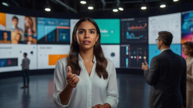 Businesswoman Presenting Innovative Digital Data Analytics in Modern Work Environment with Dynamic Charts and Visuals photo