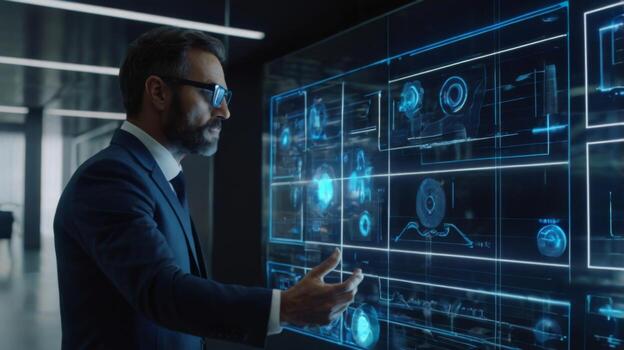 Business professional interacts with futuristic data interface in modern office showing technology, innovation, and analytics photo