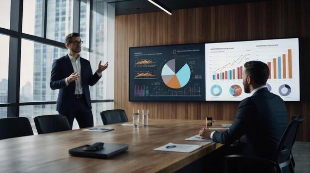 Businessman Presenting Financial Data in Modern Conference Room with Charts and Graphs on Digital Screens photo