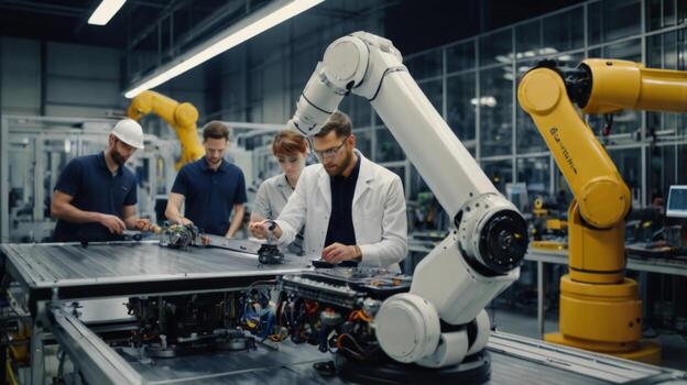 Engineers Collaborating with Industrial Robots in a Modern Automation Facility on a Production Line photo