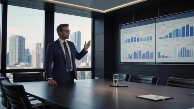 Businessman Presenting Financial Data with Statistical Charts in Modern Conference Room Overlooking City Skyline photo