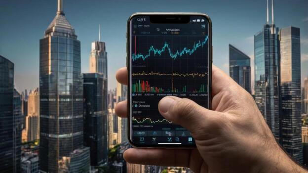 mano participación teléfono inteligente mostrando valores mercado datos con rascacielos en urbano antecedentes foto