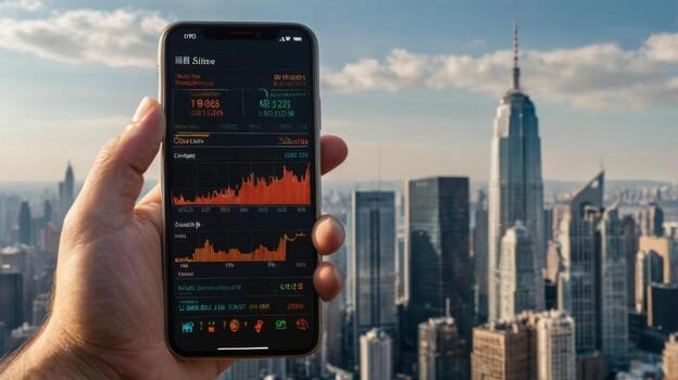 Hand Holding Smartphone Displaying Stock Market Data with City Skyline in Background during Daylight photo