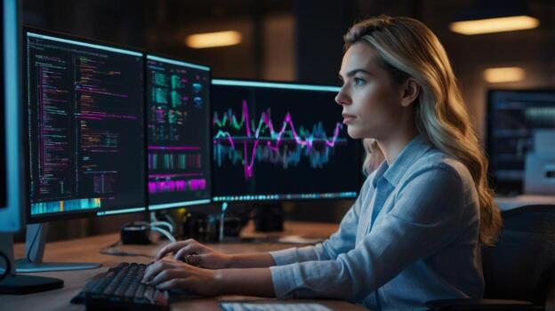 enfocado hembra datos analista trabajando con múltiple pantallas mostrando moderno digital analítica y Estadísticas en un oscuro oficina foto