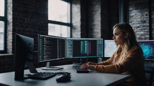 mujer trabajando en múltiple monitores en moderno oficina con código y datos visualizaciones desplegado en pantallas foto