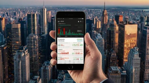 Hands Holding Smartphone Displaying Financial Market Data with City Skyline in Background at Sunset photo