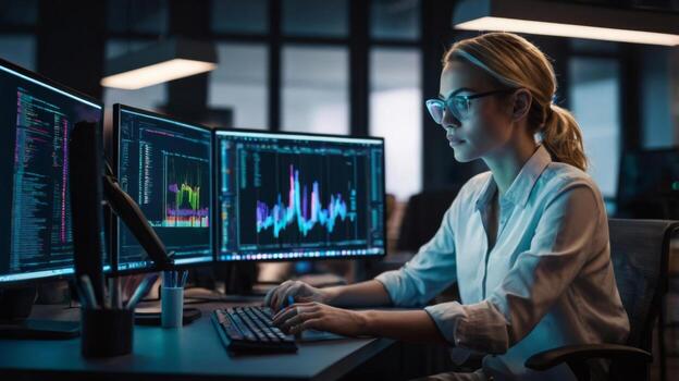 joven mujer de negocios analizando datos en múltiple monitores en moderno oficina a noche con gráficos y cartas desplegado foto