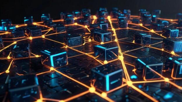 Abstract Digital Network with Neon Cubes and Glowing Connections Depicting Future Technology and Data Communication photo