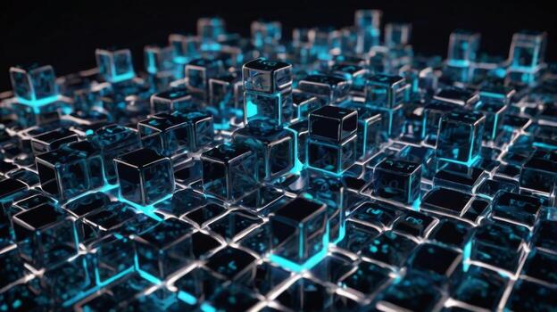 resumen digital cubitos brillante en azul ligero en oscuro superficie, representando tecnología, datos, y moderno diseño conceptos foto
