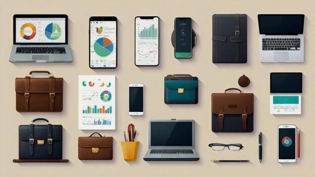 Modern Office Workspace with Laptops, Tablets, Smartphones, Briefcases, Notebooks, and Charts on a Neutral Background photo