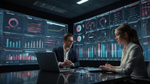 Business Meeting in Modern Office with Data Visualization and Analytical Charts Displayed on Screens photo