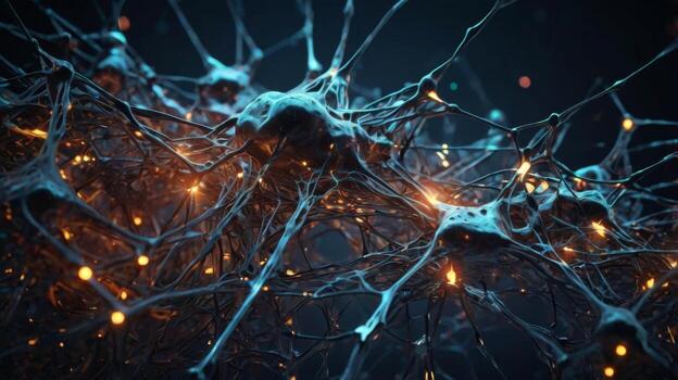 Abstract representation of interconnected neurons with glowing synapses in a dark background illustrating brain activity and connections photo