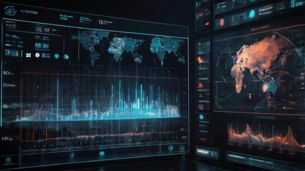 Futuristic Data Visualization with Global Maps and Financial Metrics in a High-Tech Environment photo